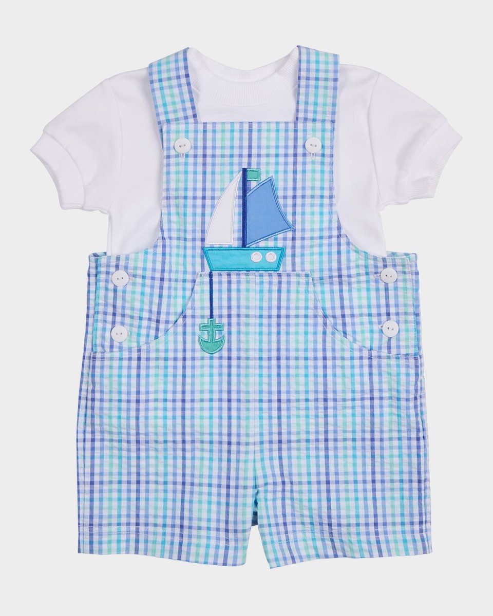 Boy's Sailboat Plaid Shortalls & T-Shirt Set, Size 3M-24